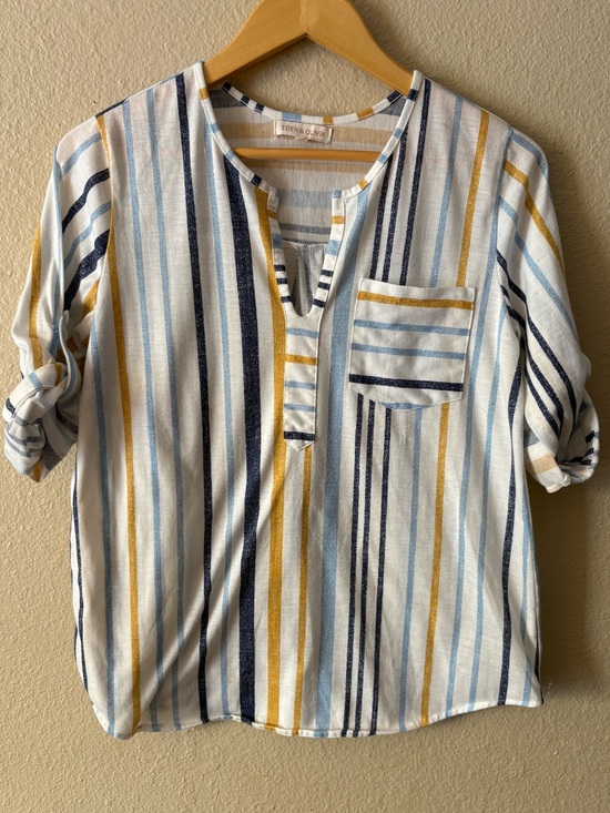 Eden & Olivia Tops - Eden & Olivia Stripe Pullover Blouse White Navy Mustard Split Neck Casual Top S